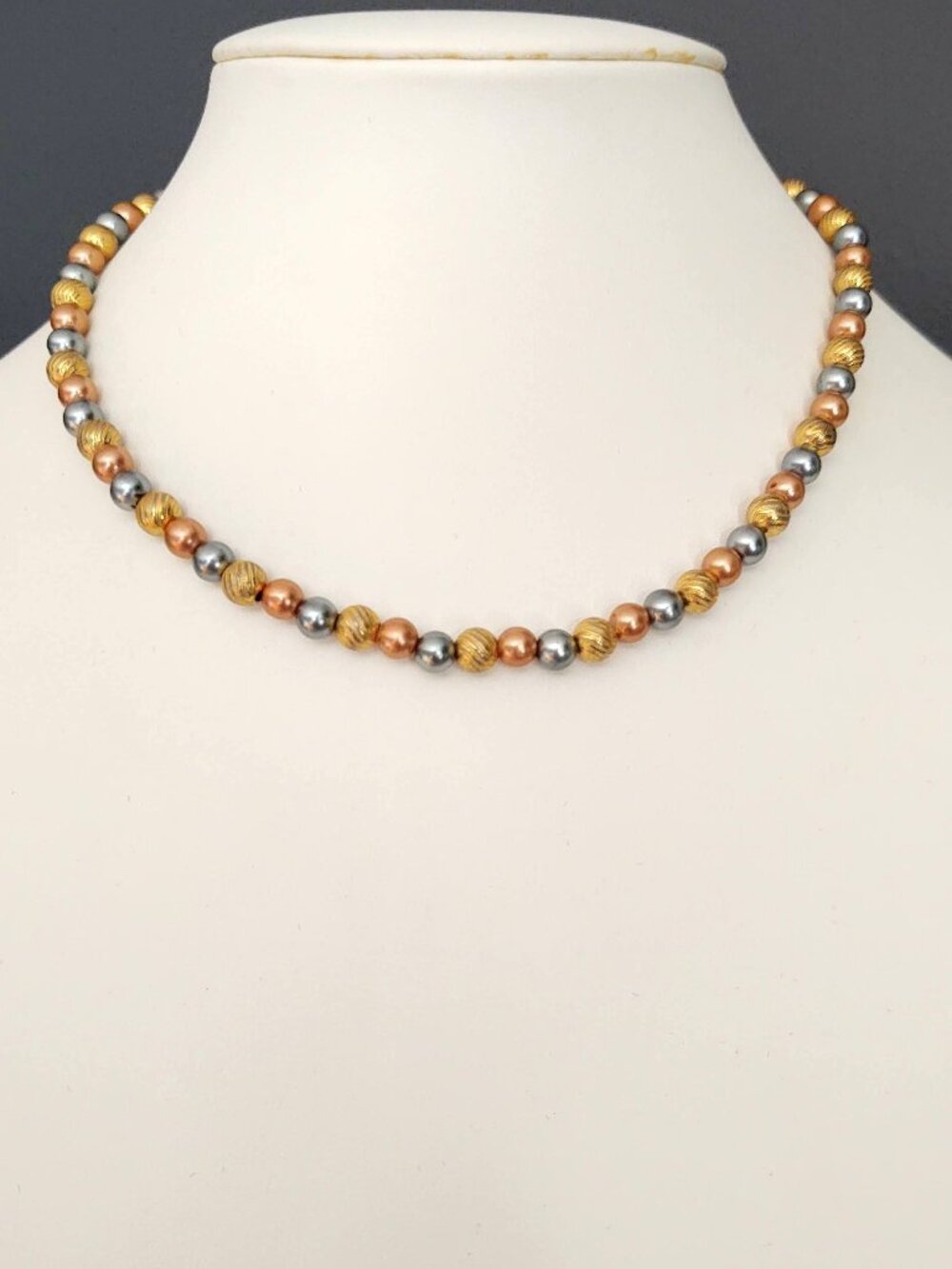 Vintage gold, copper and metallic gray tone beaded choker necklace